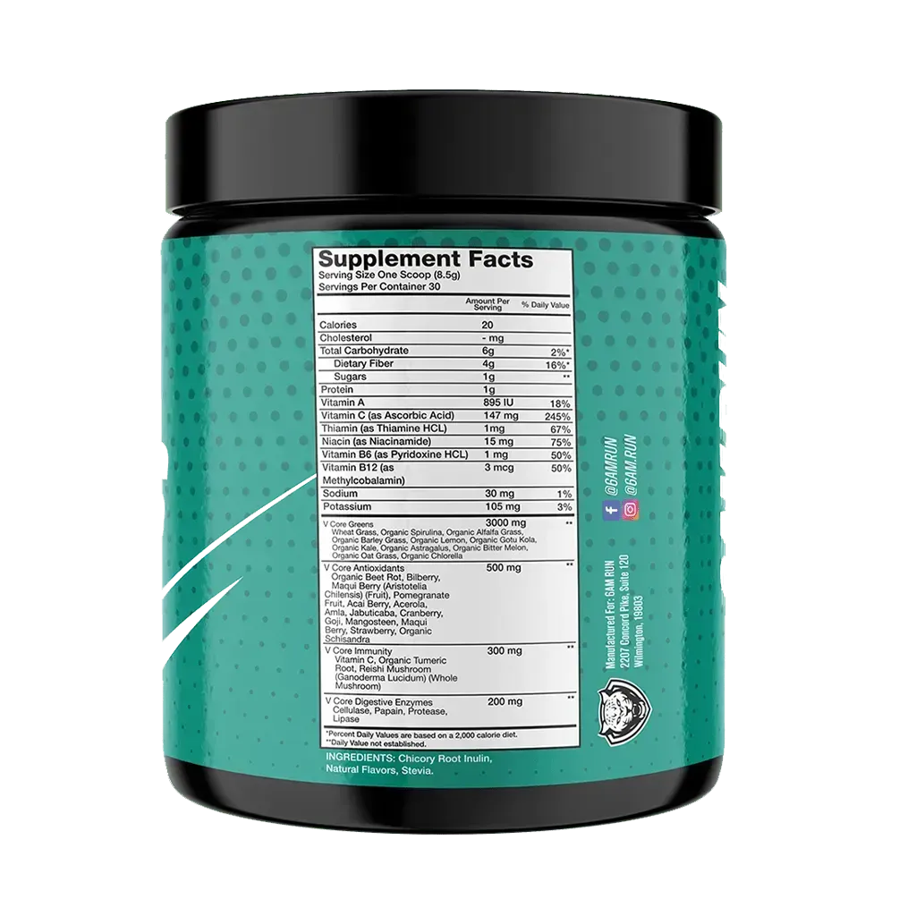 Back label of the 6AMRun Super Greens mixed berry powder container displaying the Supplement Facts panel, ingredients, serving size, nutrition information, and directions for use on the daily greens supplement.