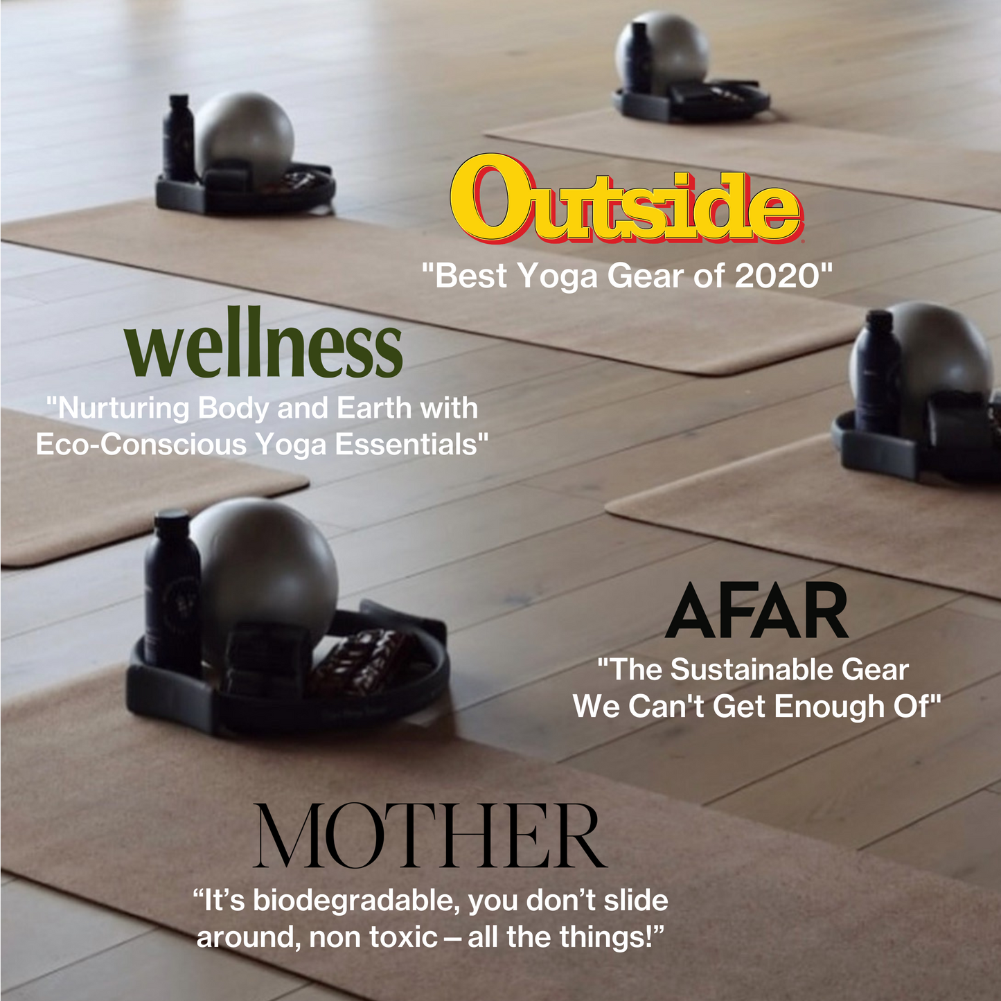 Ananday cork yoga mats arranged in a studio with award and publication recognition highlights, showcasing the eco-friendly, non-slip design for yoga, Pilates, stretching, and fitness practice.