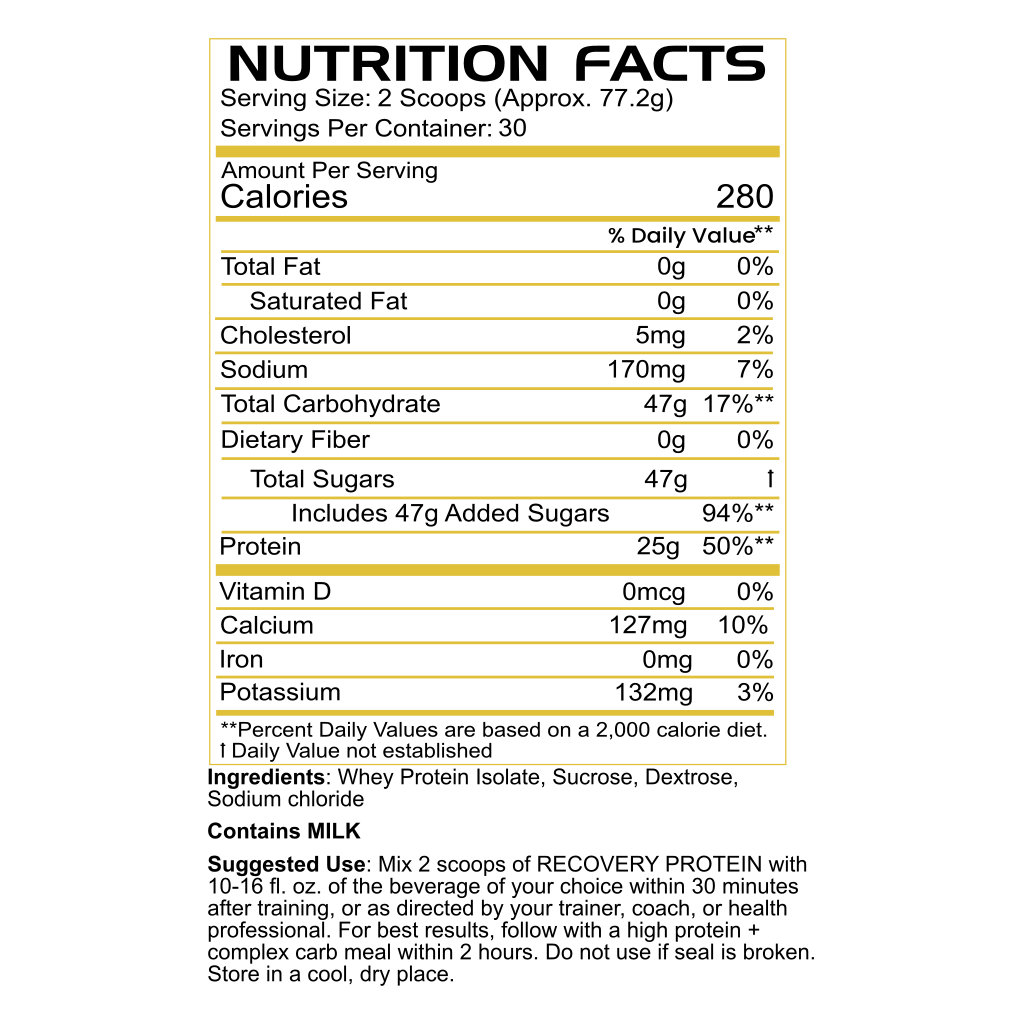 Nutrition Facts label for BLACKLABEL Recovery Protein Sweet Cream whey protein powder with carbohydrates, showing serving size, calories, protein, carbohydrates, vitamins, minerals, and supplement information.