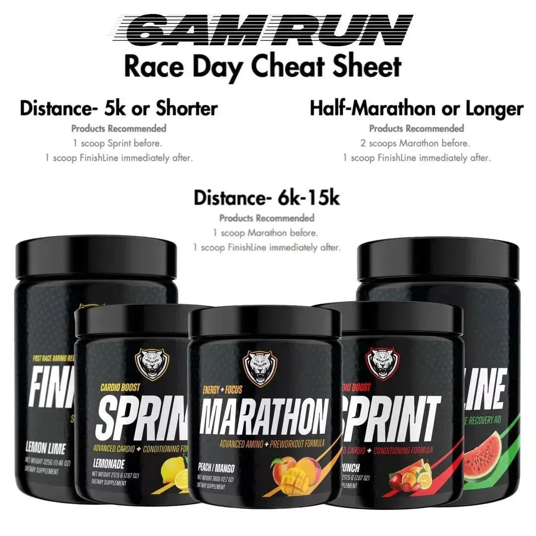6AM RUN supplement containers with product recommendations for different running distances on a white background.