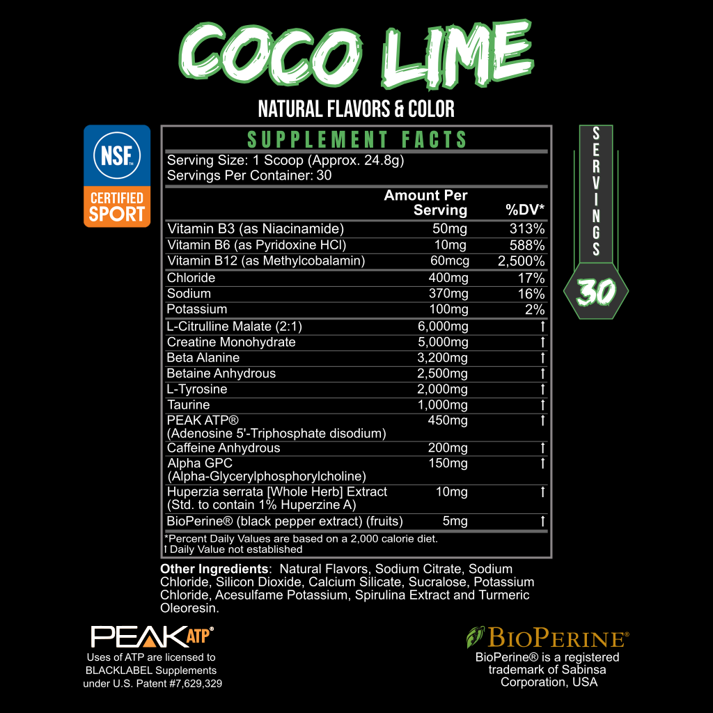 Supplement Facts panel for BlackLabel Pre Hustle Coco Lime pre-workout powder, featuring serving size, ingredient list, nutrition information, NSF Certified for Sport logo, and BioPerine branding on a black background.