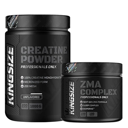 KingSize Creatine Monohydrate powder and ZMA Complex supplement stack featuring a 1000g unflavored creatine container alongside a ZMA formula with zinc, magnesium, and vitamin B6 for active lifestyles.