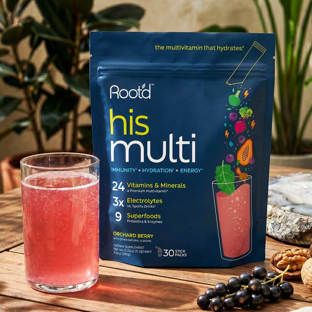 Root'd His Multi Orchard Berry daily wellness drink mix displayed beside a glass of prepared beverage on a wooden table with fresh berries, nuts, and greenery, showcasing a refreshing hydration and daily nutrition drink.
