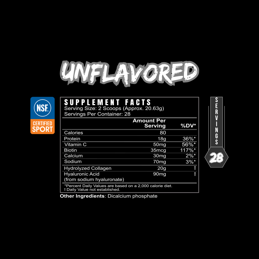 BLACKLABEL Collagen Protein Powder Unflavored Supplement Facts label with NSF Certified for Sport logo