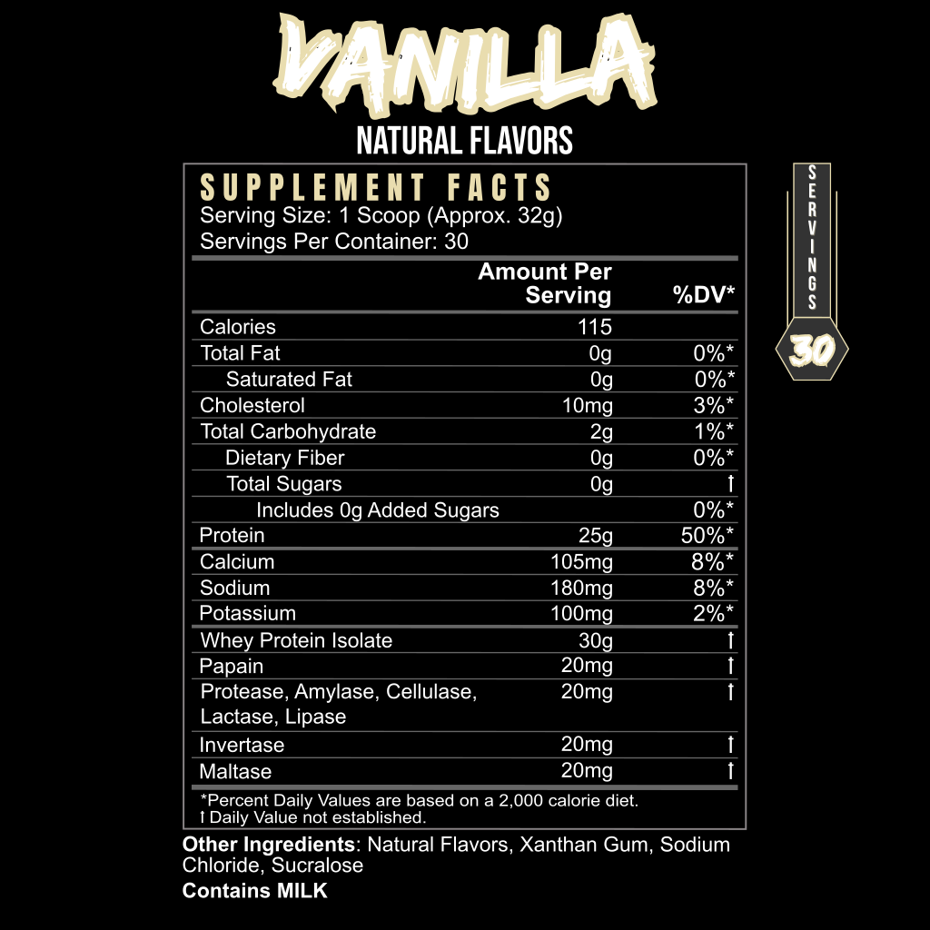 BlackLabel Post Hustle Whey Protein Supplement Vanilla flavor Supplement Facts label
