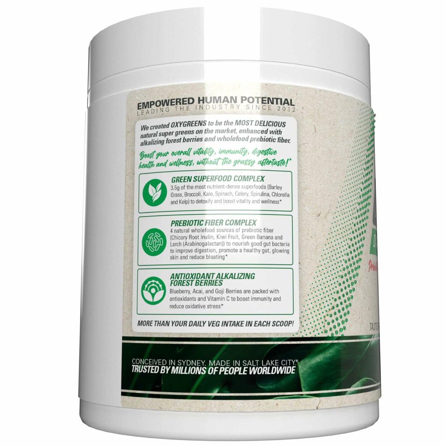EHP Labs OxyGreens Super Greens Powder container showing ingredient blend information and product details
