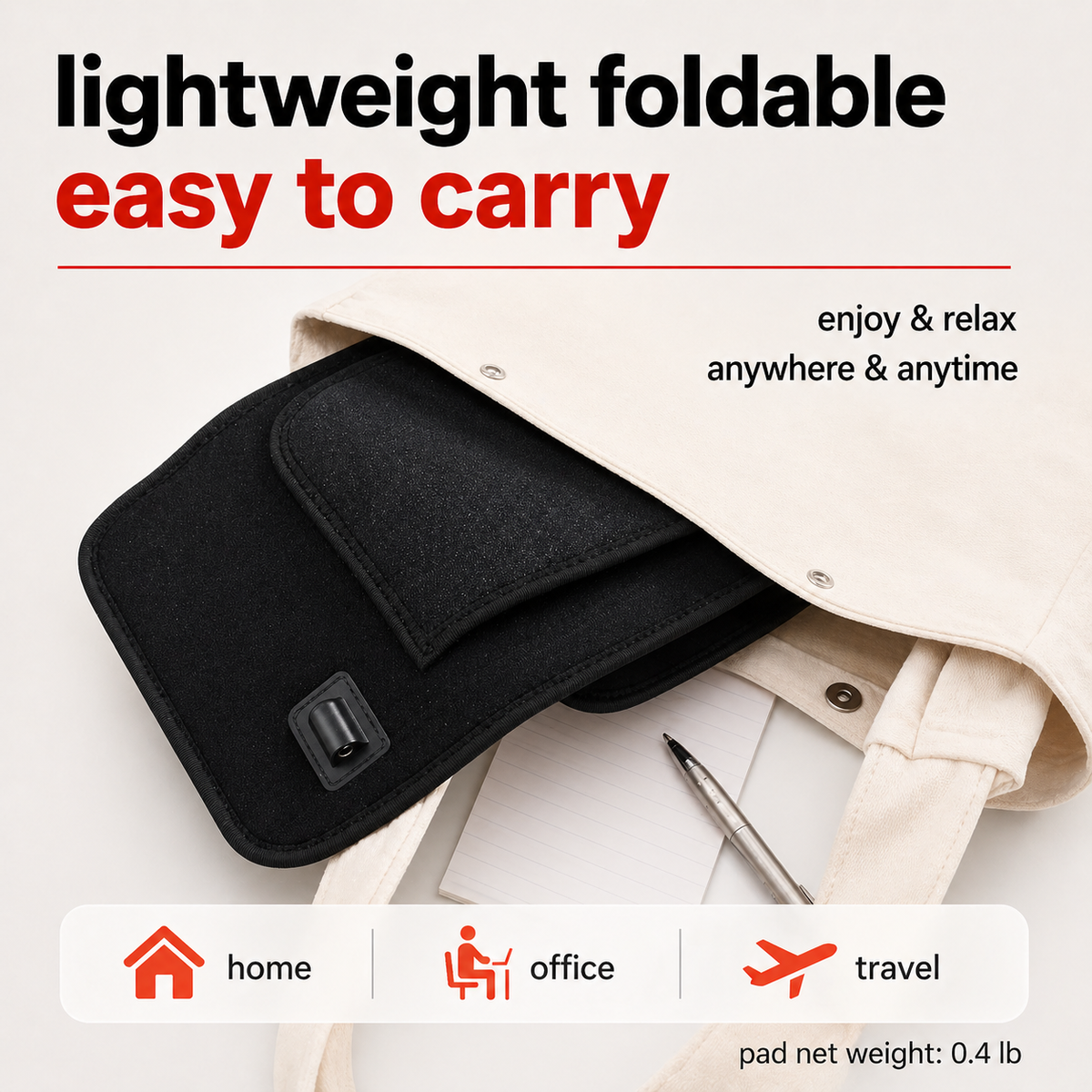 Foldable FlexGlow red and near-infrared light wrap packed in a tote bag for portable use