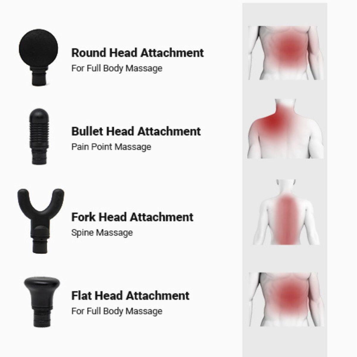 Four iReliev percussion massage gun attachments including round, bullet, fork, and flat massage heads