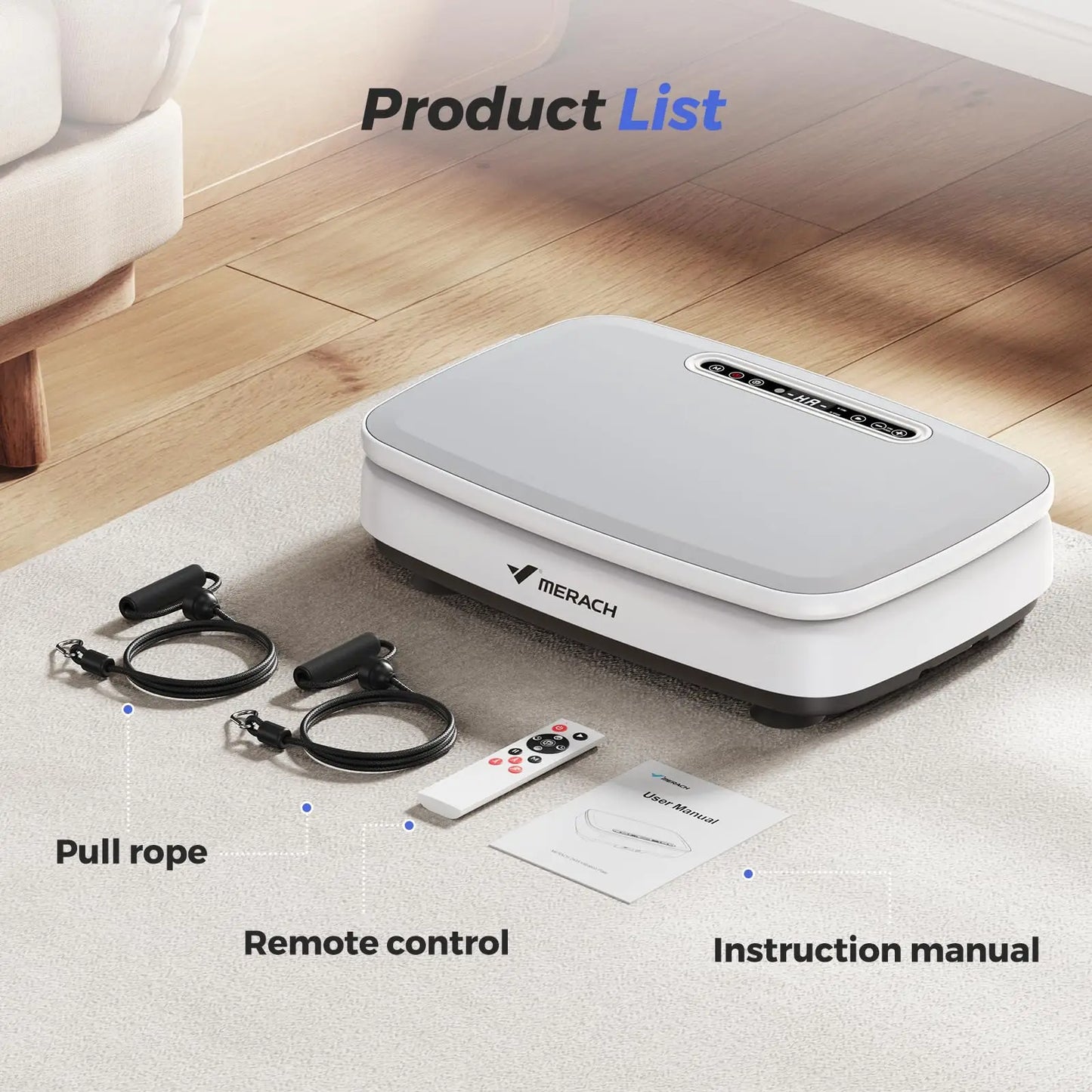 White MERACH Whole Body Vibration Plate Exercise Machine with resistance bands, remote control, user manual, and power cord displayed for home fitness use.