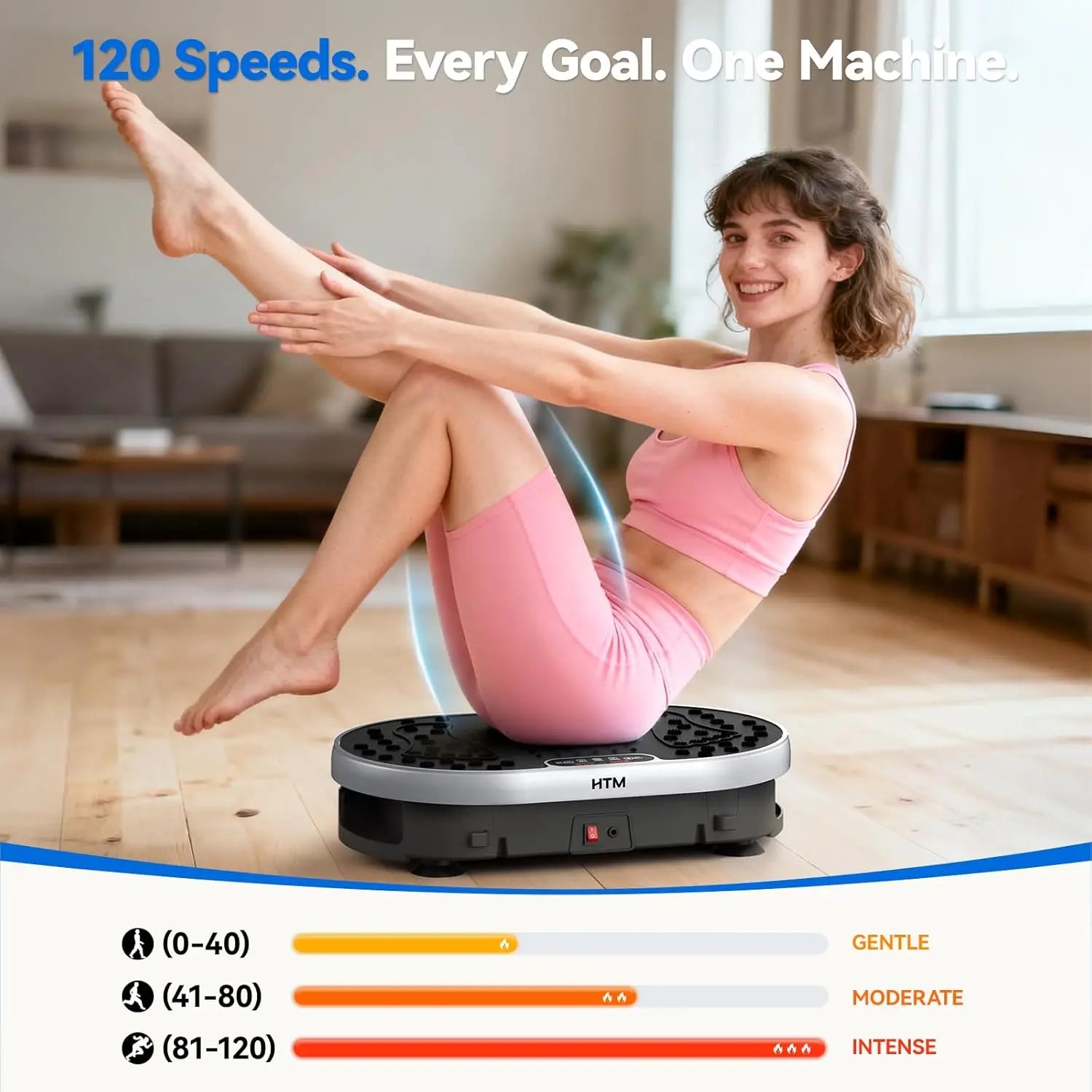 Woman performing a core exercise on a 120-speed vibration plate machine with adjustable intensity levels for home fitness and balance training.