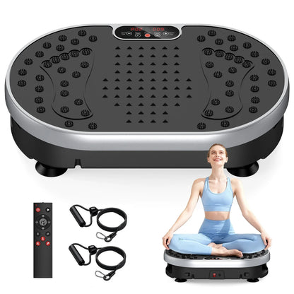 Black 120-speed vibration plate exercise machine with LED display, wireless remote control, resistance bands, and compact home fitness design.