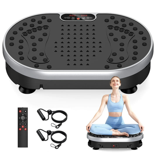 Black 120-speed vibration plate exercise machine with LED display, wireless remote control, resistance bands, and compact home fitness design.