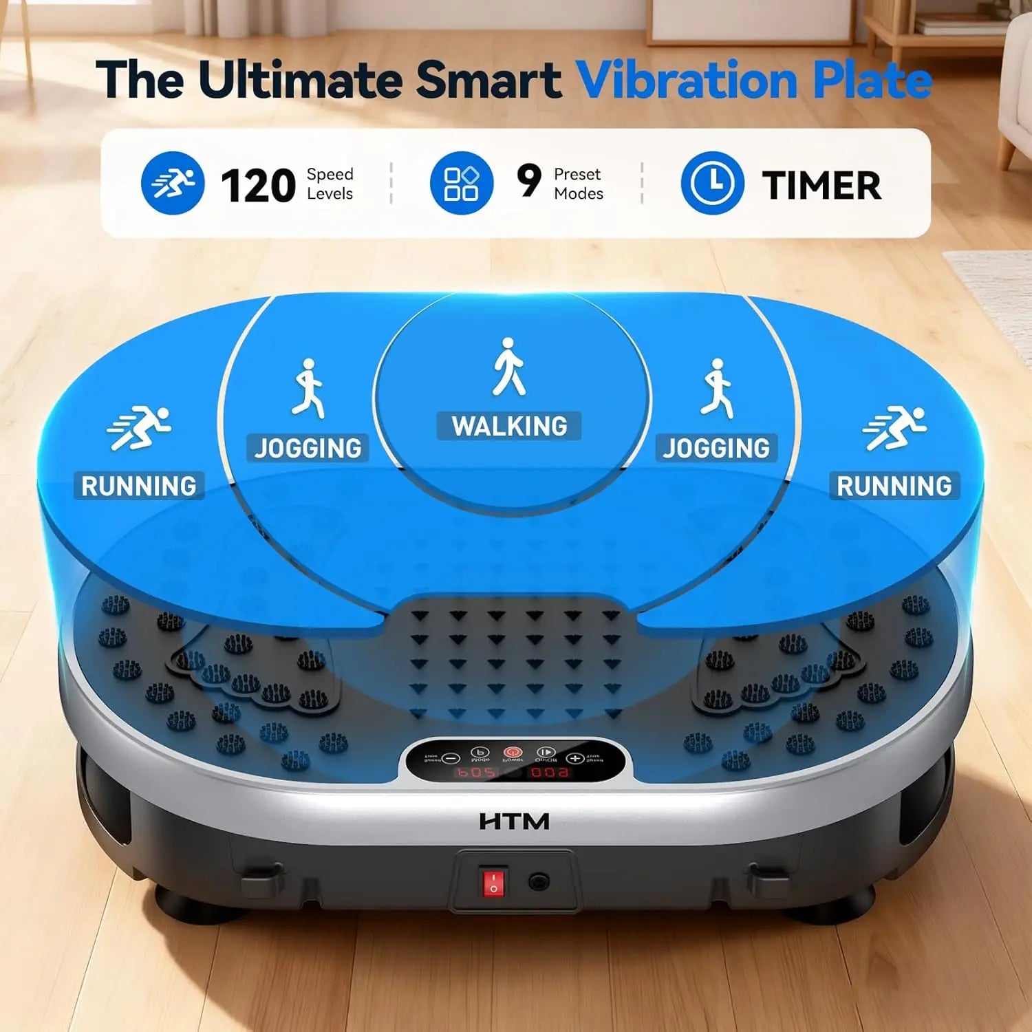 120-speed vibration plate exercise machine with LED display, 9 preset workout programs, timer, and multiple exercise zones for home fitness training.