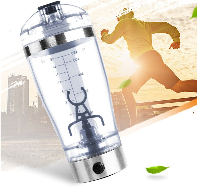 Clear protein shaker bottle with measurement markings on a white background