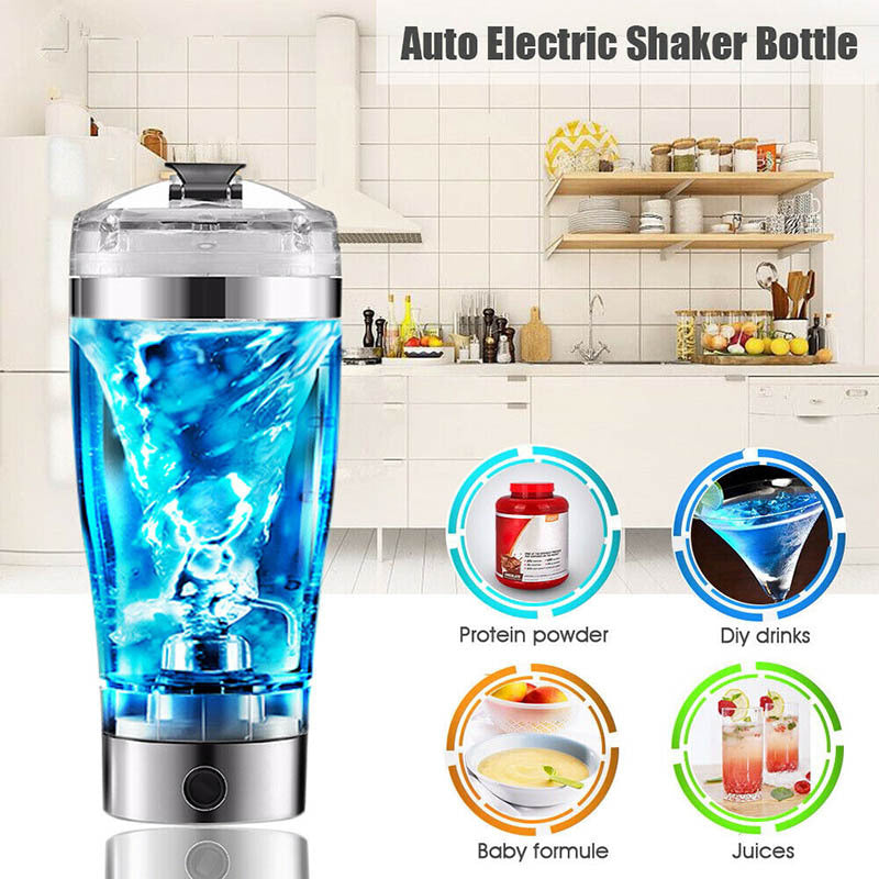 Blue and silver drink mixer with kitchen background