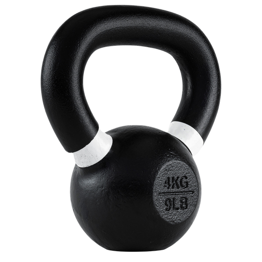 Black 4 kg (9 lb) cast iron kettlebell with a wide ergonomic handle and weight markings, designed for strength training, functional fitness, home gyms, and commercial workout spaces.