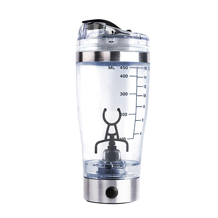 Clear tumbler with measurement markings and a black handle on a white background