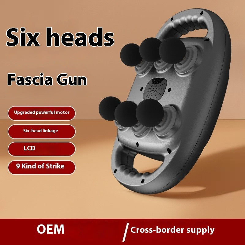 Black six-head percussion massage gun with LCD display and interchangeable massage heads on a neutral background