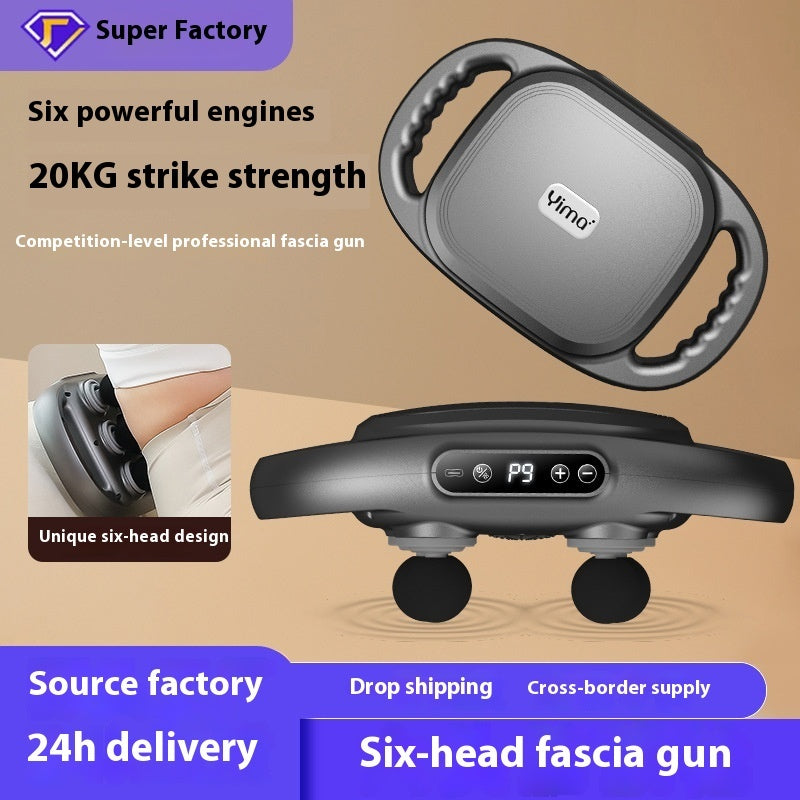 Rechargeable six-head percussion massage gun in black and silver with adjustable settings for muscle recovery and relaxation