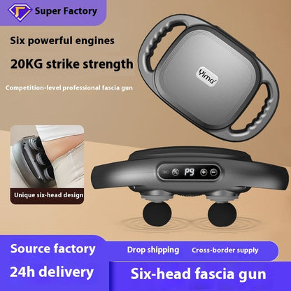 Rechargeable six-head percussion massage gun in black and silver with adjustable settings for muscle recovery and relaxation