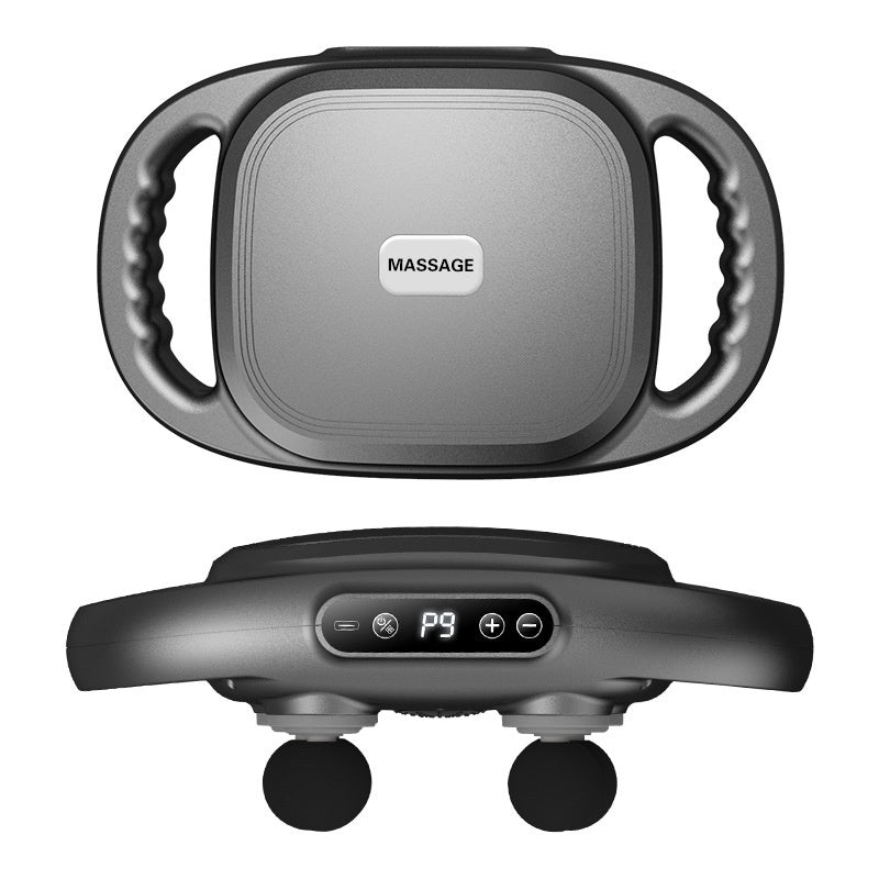 Gray six-head percussion massage gun with digital display and ergonomic handles on a white background.
