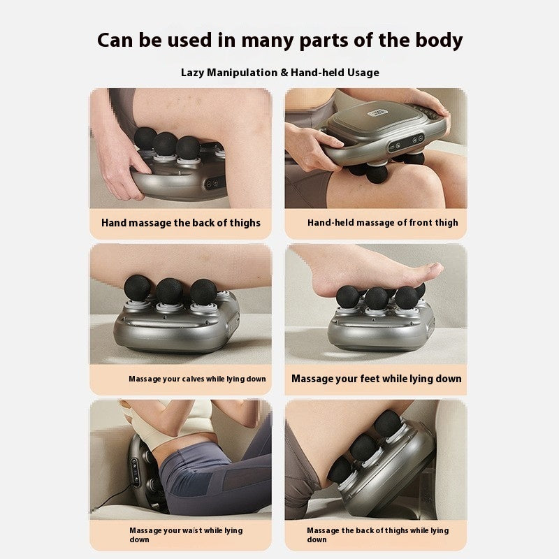 Six-head percussion massager shown in use on thighs, calves, feet, and waist for everyday recovery and relaxation.