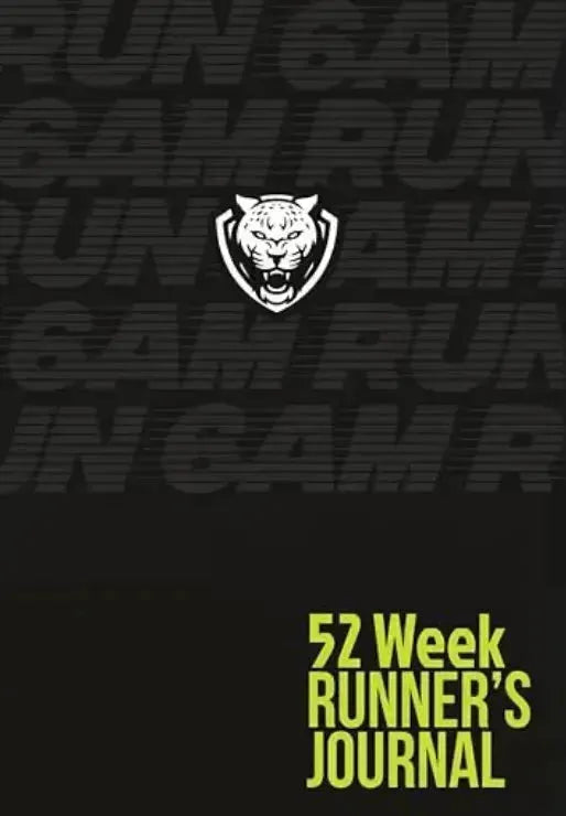 Front cover of the 6AMRun 52-Week Runner's Journal featuring a black background with the 6AMRun tiger logo and bold lime green title, designed for tracking weekly running goals, workouts, and training progress.