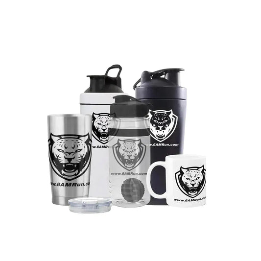 Collection of 6AMRun branded drinkware including shaker bottles, reusable water bottles, a stainless steel tumbler, and a ceramic coffee mug, designed for mixing protein shakes, staying hydrated, and everyday use.