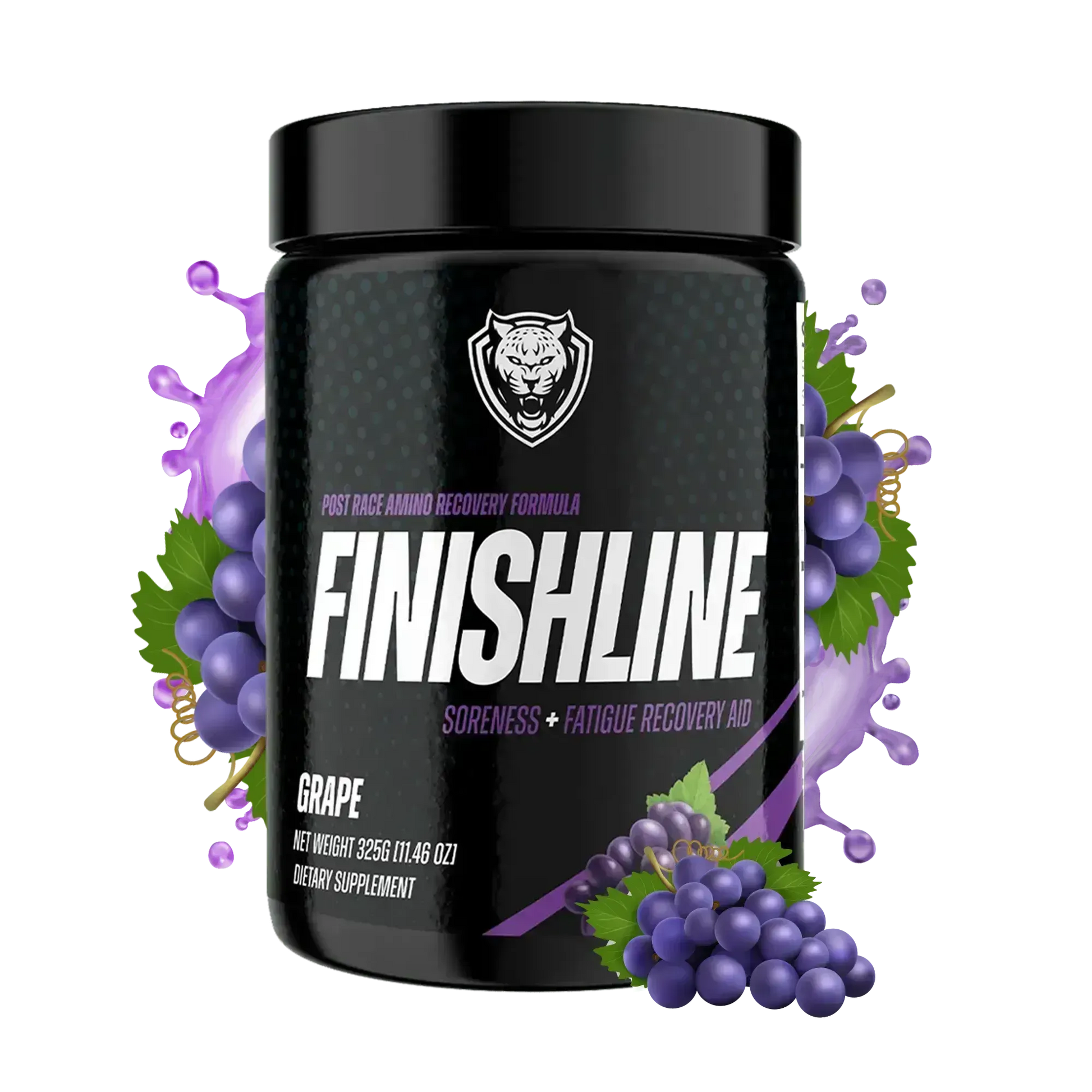 Container of 6AMRun Finish Line Grape post-workout recovery supplement surrounded by purple grapes and a vibrant fruit splash, featuring an amino acid recovery formula designed to support post-exercise recovery and an active fitness routine.