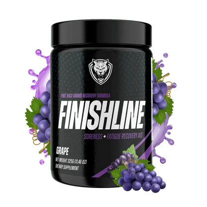 Container of 6AMRun Finish Line Grape post-workout recovery supplement surrounded by purple grapes and a vibrant fruit splash, featuring an amino acid recovery formula designed to support post-exercise recovery and an active fitness routine.