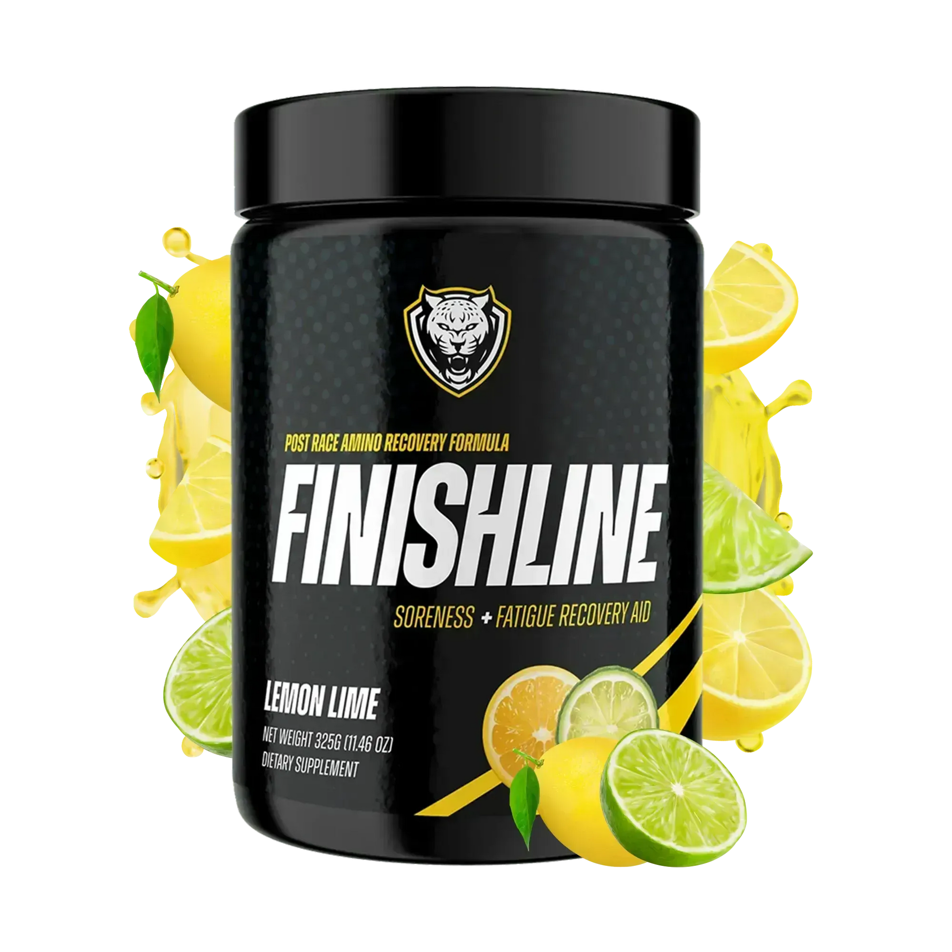 Container of 6AMRun Finish Line Lemon Lime post-workout recovery supplement surrounded by fresh lemons, limes, and a citrus splash, featuring an amino acid recovery formula designed to support post-exercise recovery and an active fitness lifestyle.
