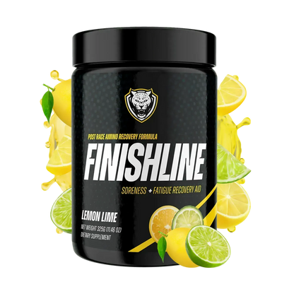 Container of 6AMRun Finish Line Lemon Lime post-workout recovery supplement surrounded by fresh lemons, limes, and a citrus splash, featuring an amino acid recovery formula designed to support post-exercise recovery and an active fitness lifestyle.