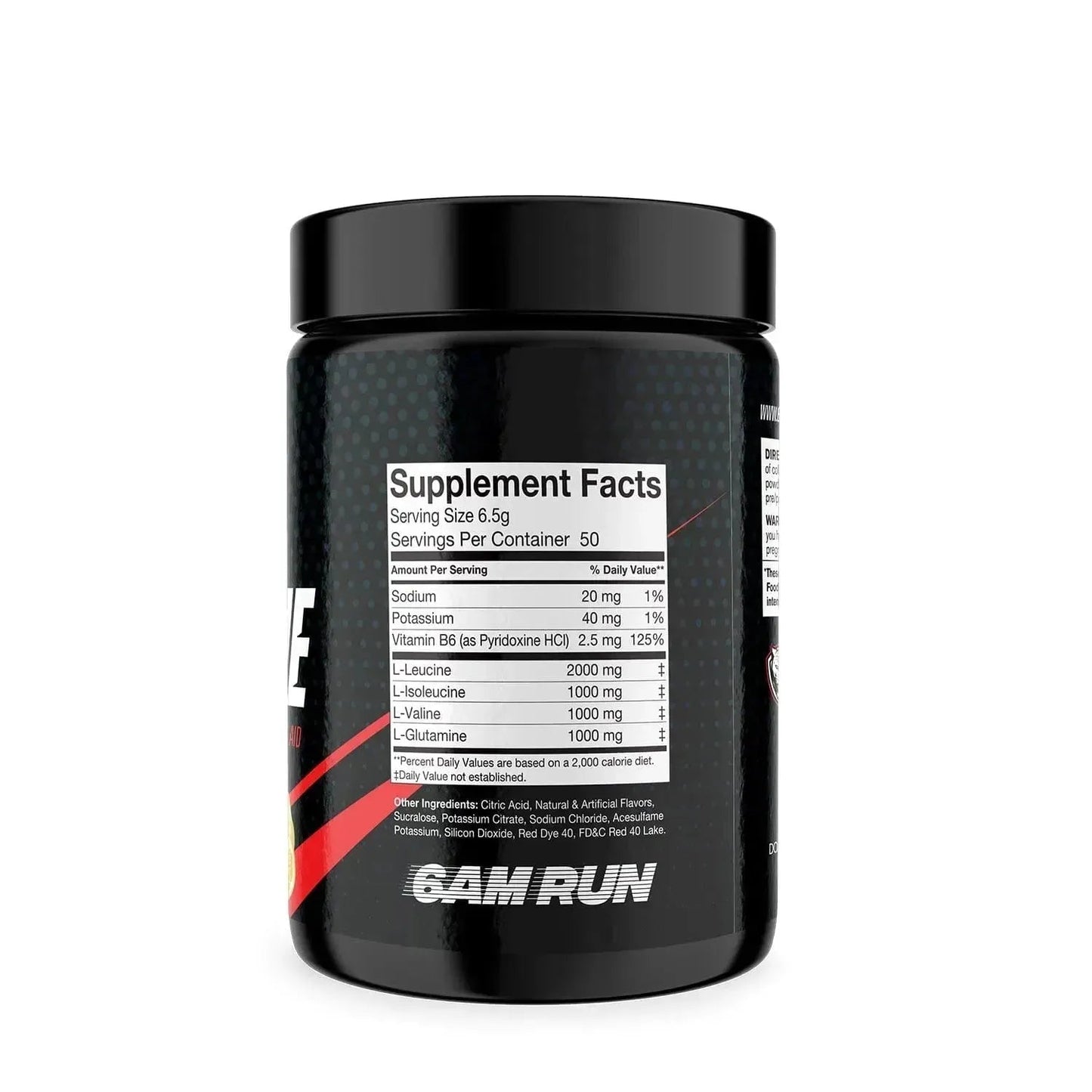 Back view of the 6AMRun Finish Line post-workout recovery supplement container displaying the Supplement Facts panel, ingredient information, serving details, and product branding on a black canister.