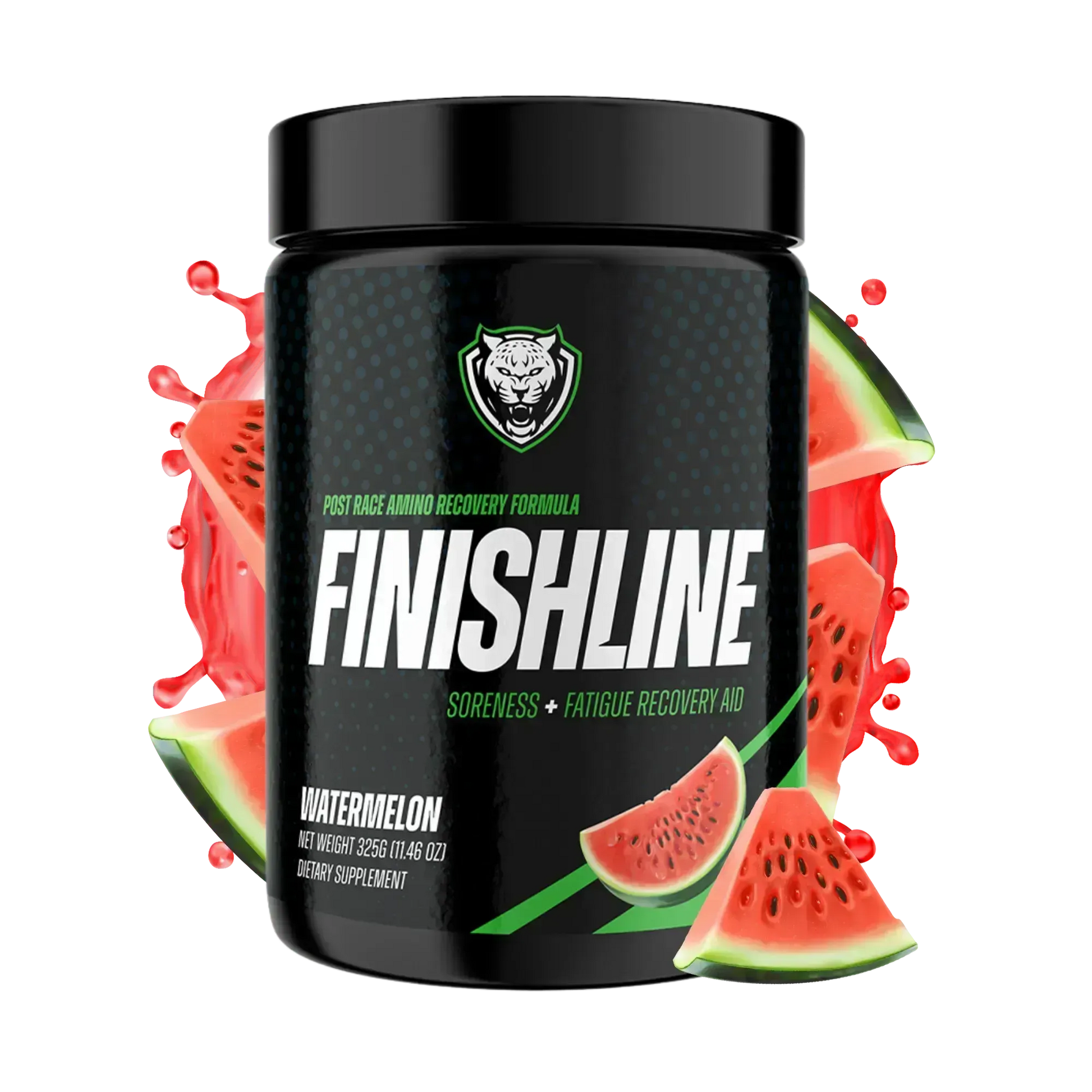Container of 6AMRun Finish Line Watermelon post-workout recovery supplement surrounded by fresh watermelon slices and a vibrant fruit splash, featuring an amino acid recovery formula designed to support post-exercise recovery and active lifestyles.
