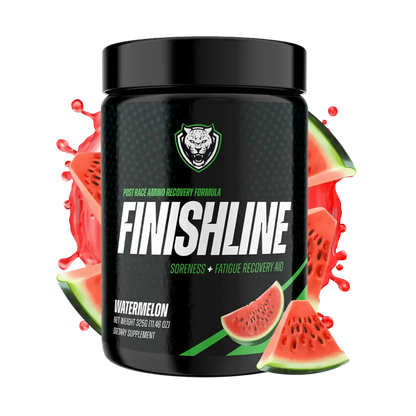 Container of 6AMRun Finish Line Watermelon post-workout recovery supplement surrounded by fresh watermelon slices and a vibrant fruit splash, featuring an amino acid recovery formula designed to support post-exercise recovery and active lifestyles.