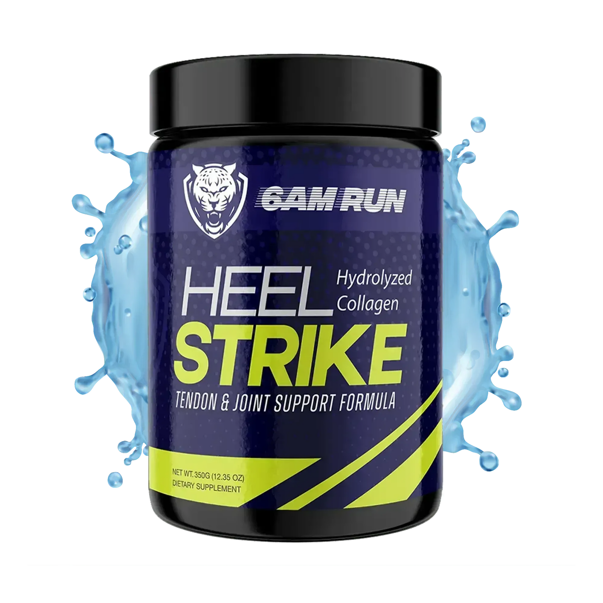 Container of 6AMRun Heel Strike hydrolyzed collagen joint support formula with a blue water splash background, designed for active individuals seeking a supplement with collagen, glucosamine, and MSM to complement an active lifestyle.