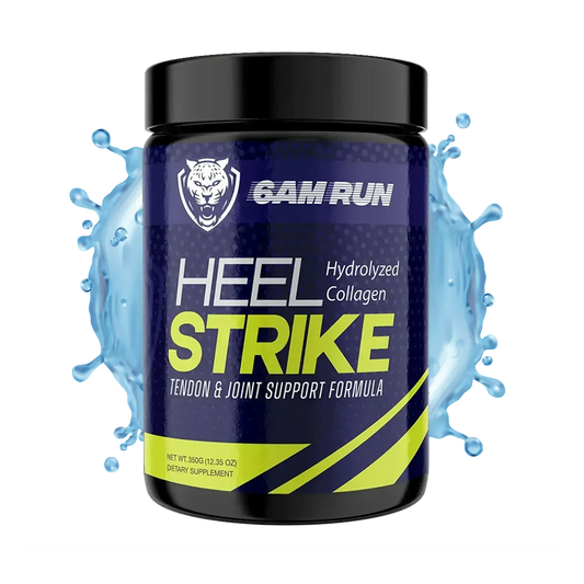 Container of 6AMRun Heel Strike hydrolyzed collagen joint support formula with a blue water splash background, designed for active individuals seeking a supplement with collagen, glucosamine, and MSM to complement an active lifestyle.