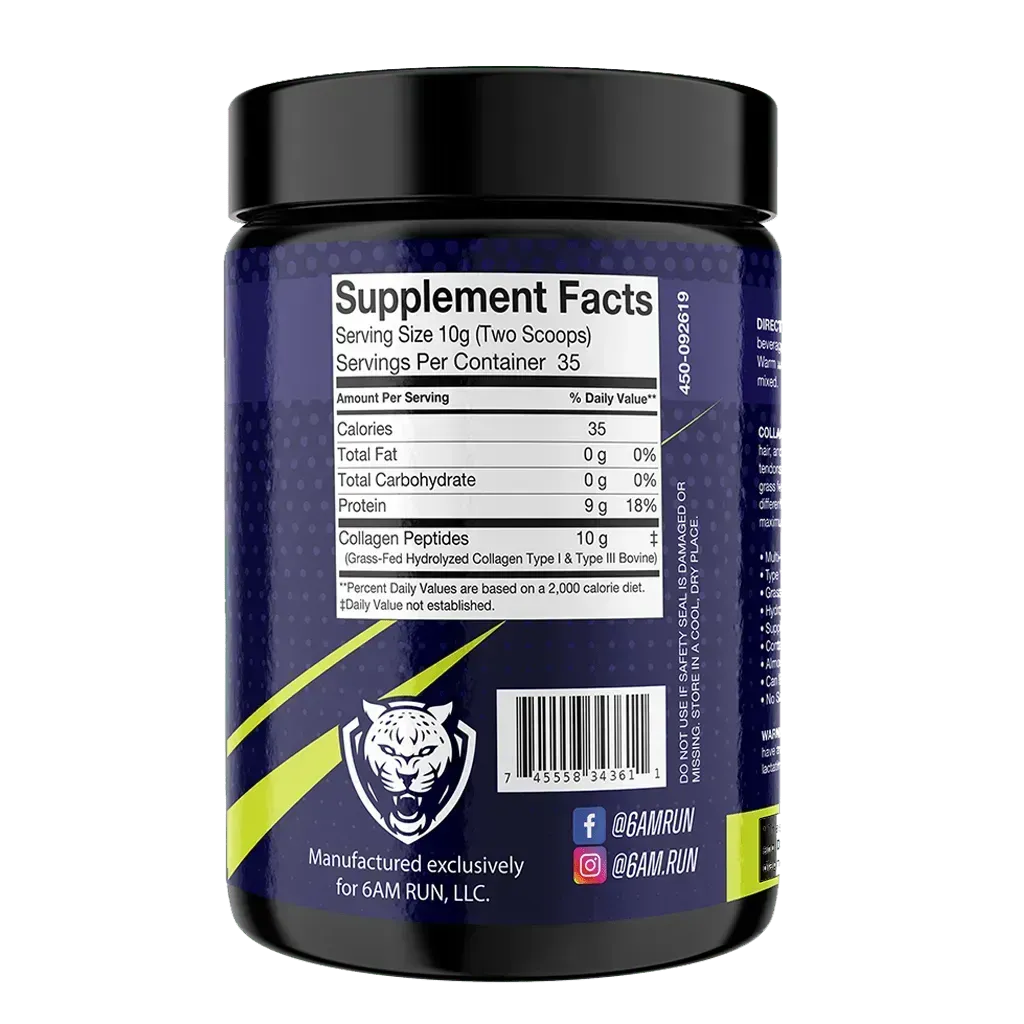 Back label of the 6AMRun Heel Strike hydrolyzed collagen joint support supplement showing the Supplement Facts panel, serving information, ingredients, barcode, and product details for active lifestyle nutrition.
