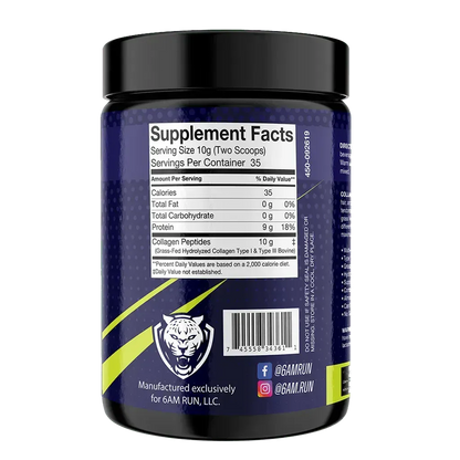 Back label of the 6AMRun Heel Strike hydrolyzed collagen joint support supplement showing the Supplement Facts panel, serving information, ingredients, barcode, and product details for active lifestyle nutrition.