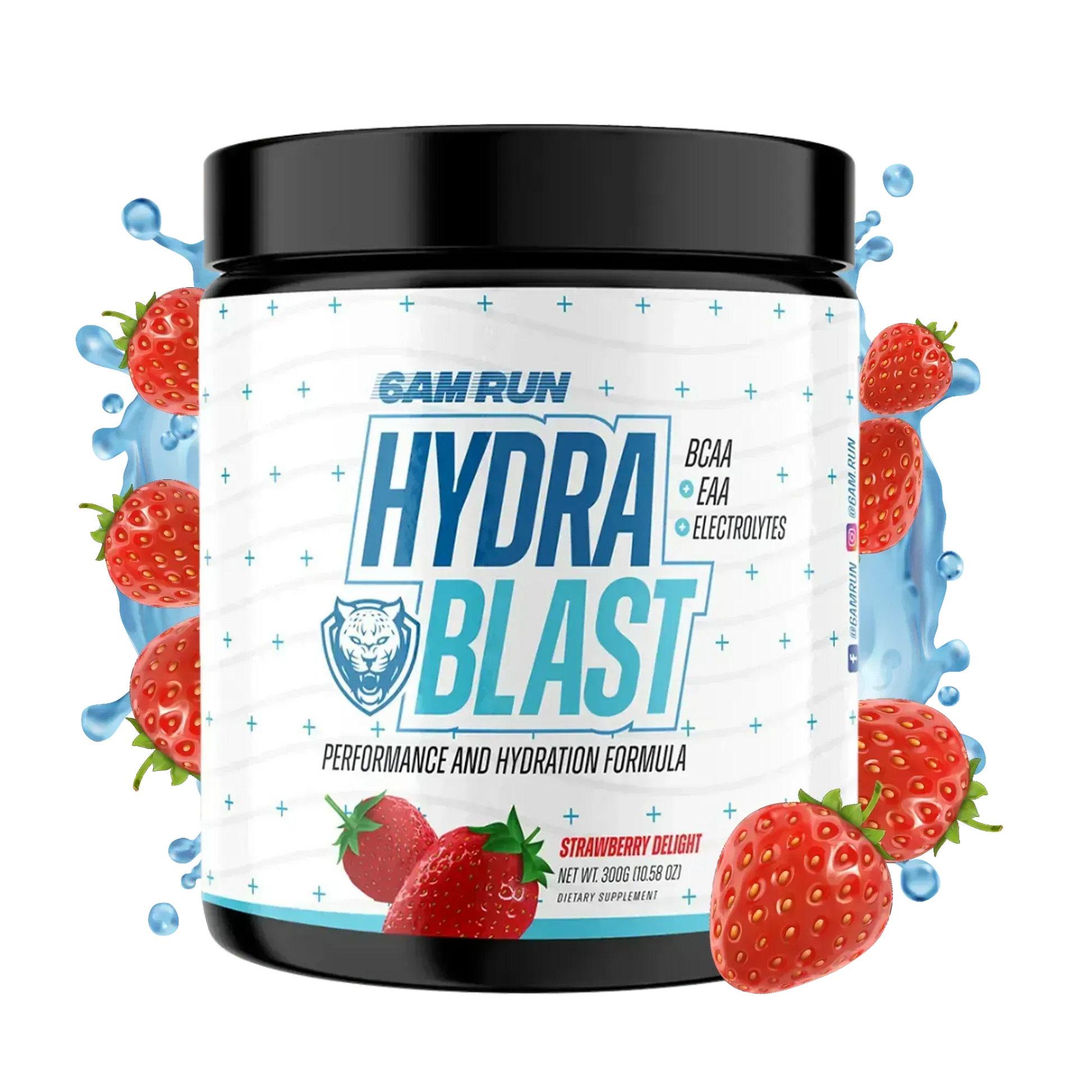 Container of 6AMRun Hydra Blast strawberry-flavored hydration powder with BCAAs, EAAs, and electrolytes, surrounded by fresh strawberries and water splashes, designed to mix with water before, during, or after workouts.