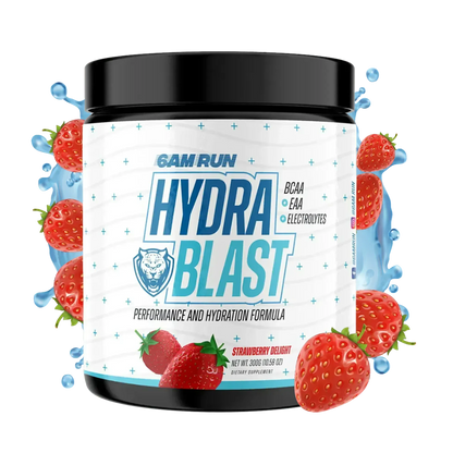 Container of 6AMRun Hydra Blast strawberry-flavored hydration powder with BCAAs, EAAs, and electrolytes, surrounded by fresh strawberries and water splashes, designed to mix with water before, during, or after workouts.