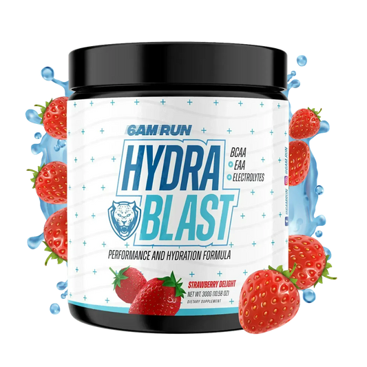 Container of 6AMRun Hydra Blast strawberry-flavored hydration powder with BCAAs, EAAs, and electrolytes, surrounded by fresh strawberries and water splashes, designed to mix with water before, during, or after workouts.