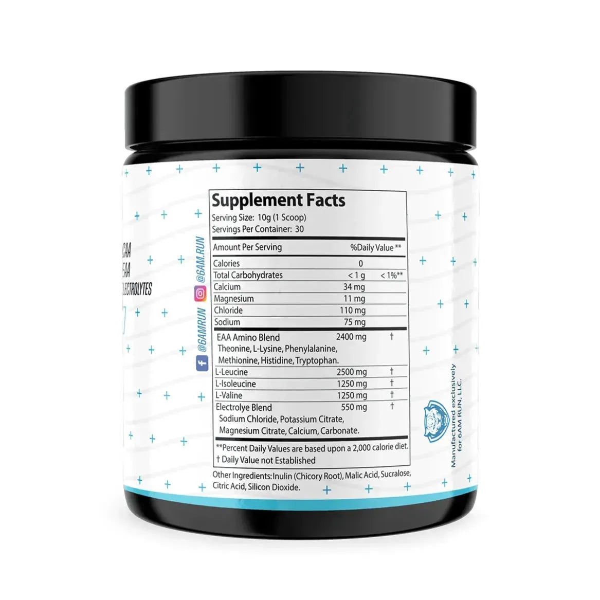 Back label of the 6AMRun Hydra Blast hydration powder container displaying the Supplement Facts panel, ingredients, serving size, and nutrition information for the strawberry-flavored hydration formula with BCAAs, EAAs, and electrolytes.