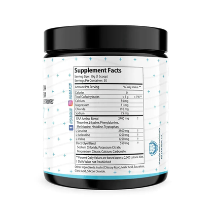 Back label of the 6AMRun Hydra Blast hydration powder container displaying the Supplement Facts panel, ingredients, serving size, and nutrition information for the strawberry-flavored hydration formula with BCAAs, EAAs, and electrolytes.