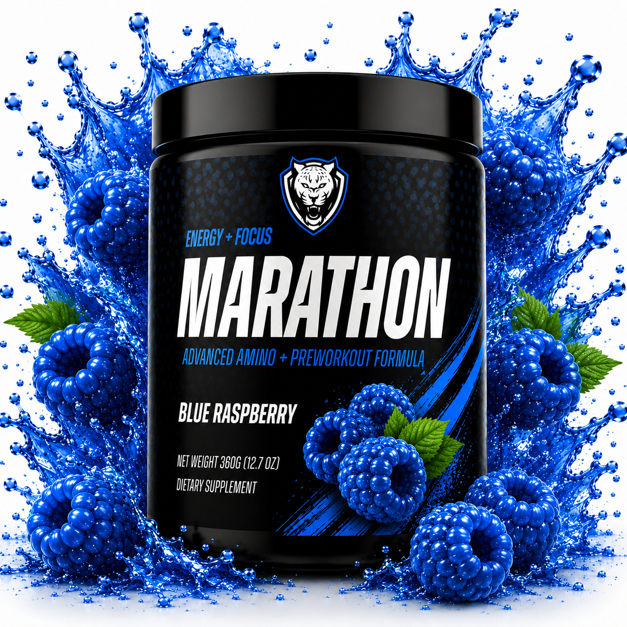 Container of 6AMRun Marathon Blue Raspberry drink mix surrounded by blue raspberry graphics and a vibrant water splash, featuring an amino acid and electrolyte formula for endurance training, hydration support, and active lifestyles.