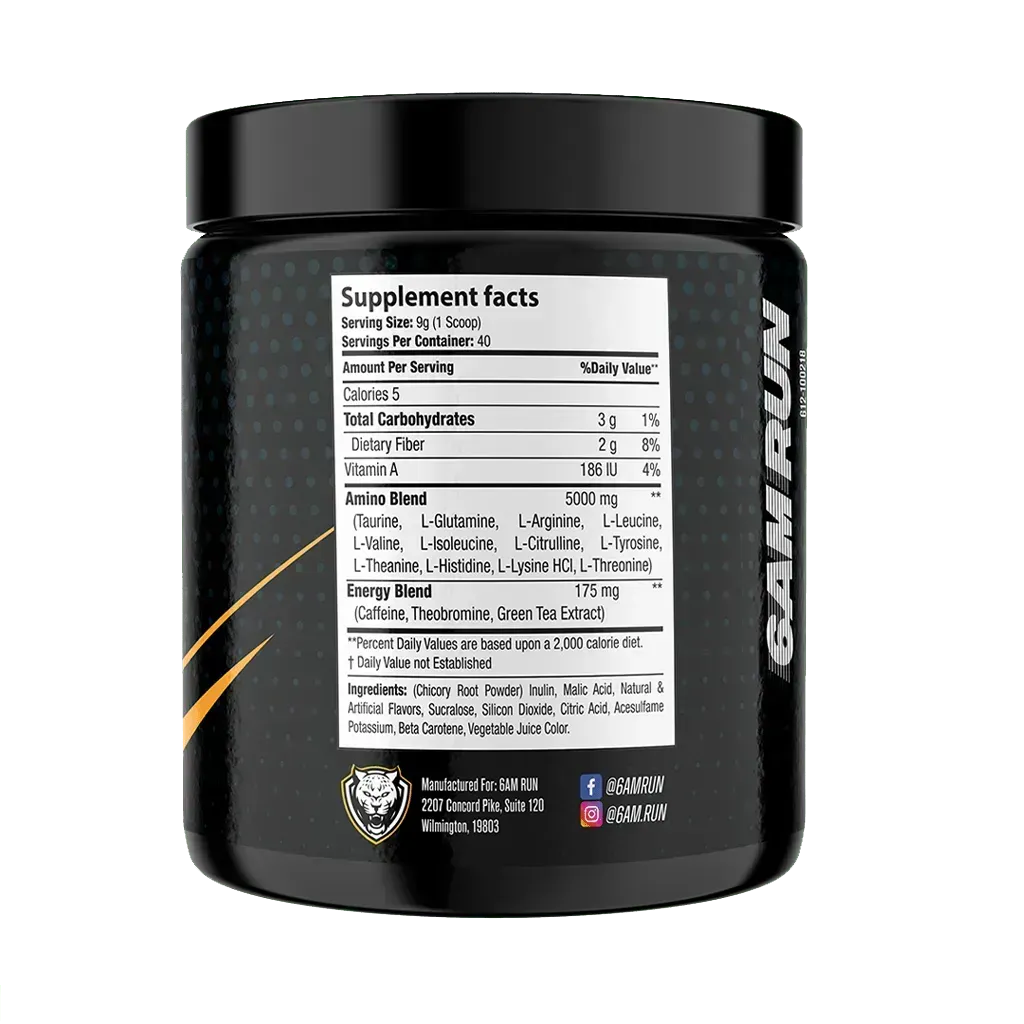Back view of the 6AMRun Marathon energy and focus supplement container displaying the Supplement Facts panel, ingredients, serving information, manufacturer details, and product labeling on a black canister.