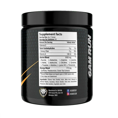 Back view of the 6AMRun Marathon energy and focus supplement container displaying the Supplement Facts panel, ingredients, serving information, manufacturer details, and product labeling on a black canister.