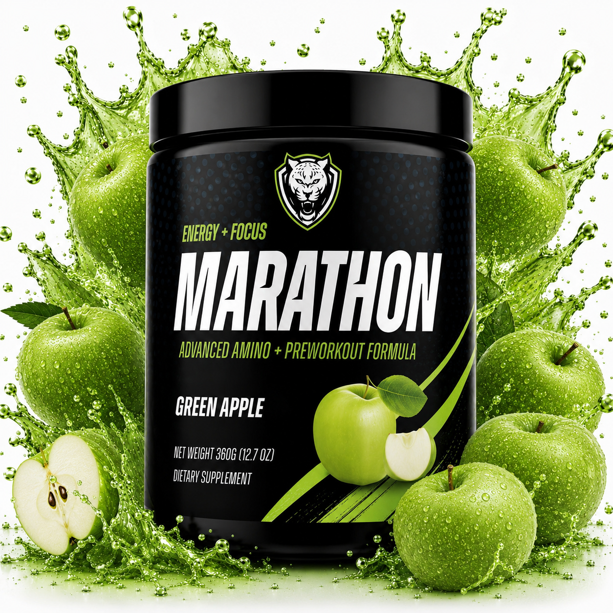 Container of 6AMRun Marathon Green Apple drink mix surrounded by fresh green apples and a vibrant green splash, featuring an amino acid and electrolyte formula designed to support energy, hydration, and endurance during workouts and training sessions.
