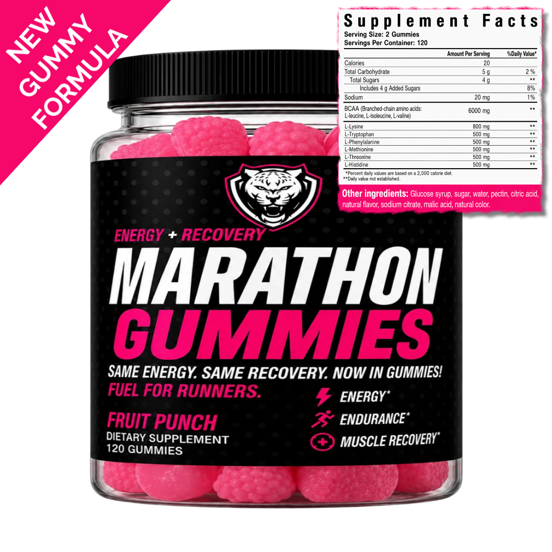 Container of 6AMRun Marathon Gummies Fruit Punch dietary supplement filled with pink gummies, featuring an energy and recovery formula alongside a visible Supplement Facts panel for convenient pre- or post-workout support.