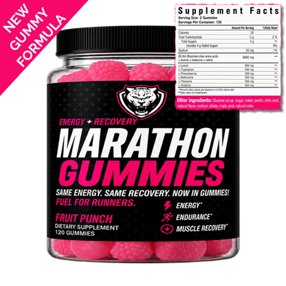 Container of 6AMRun Marathon Gummies Fruit Punch dietary supplement filled with pink gummies, featuring an energy and recovery formula alongside a visible Supplement Facts panel for convenient pre- or post-workout support.
